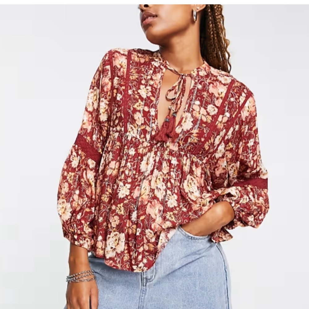 Band Of Gypsies Boho Floral Peasant Blouse Flowy‎ Vintage-Inspired Top Small NWT
